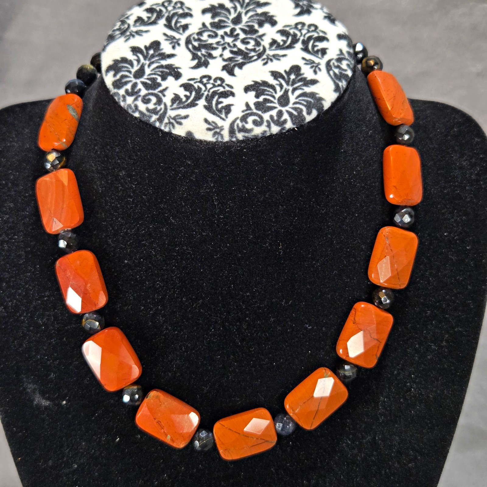 Vintage 925 Sterling Silver Gold Vermeil Red Jasper & Hematite Beaded Necklace