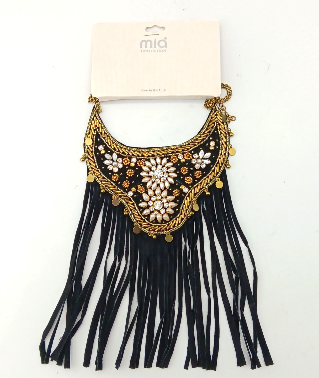 Black Tassles Fashion Necklace Bib With Rhinestones Beaded Gold & Pearl Accents