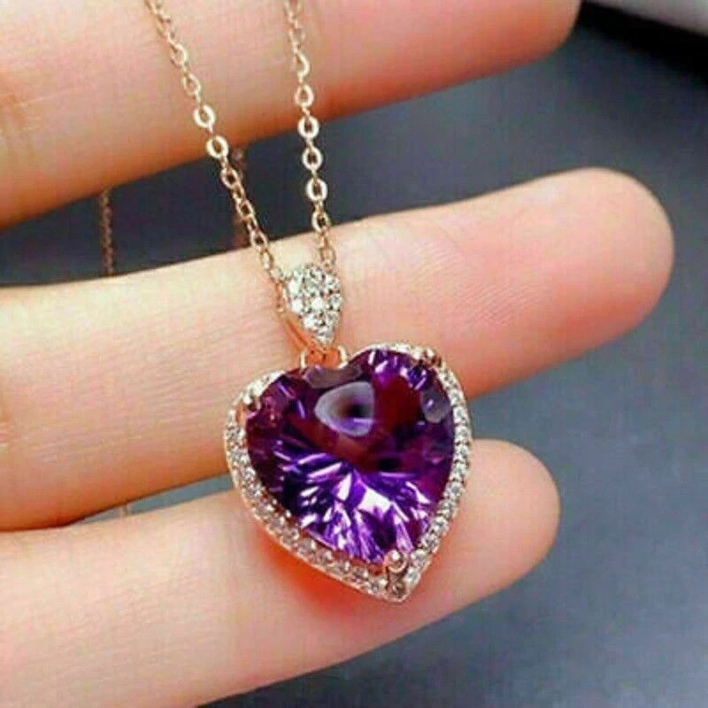 3Ct Heart Cut Simulated Amethyst Women’s Pendant Necklace 14K Yellow Gold Plated