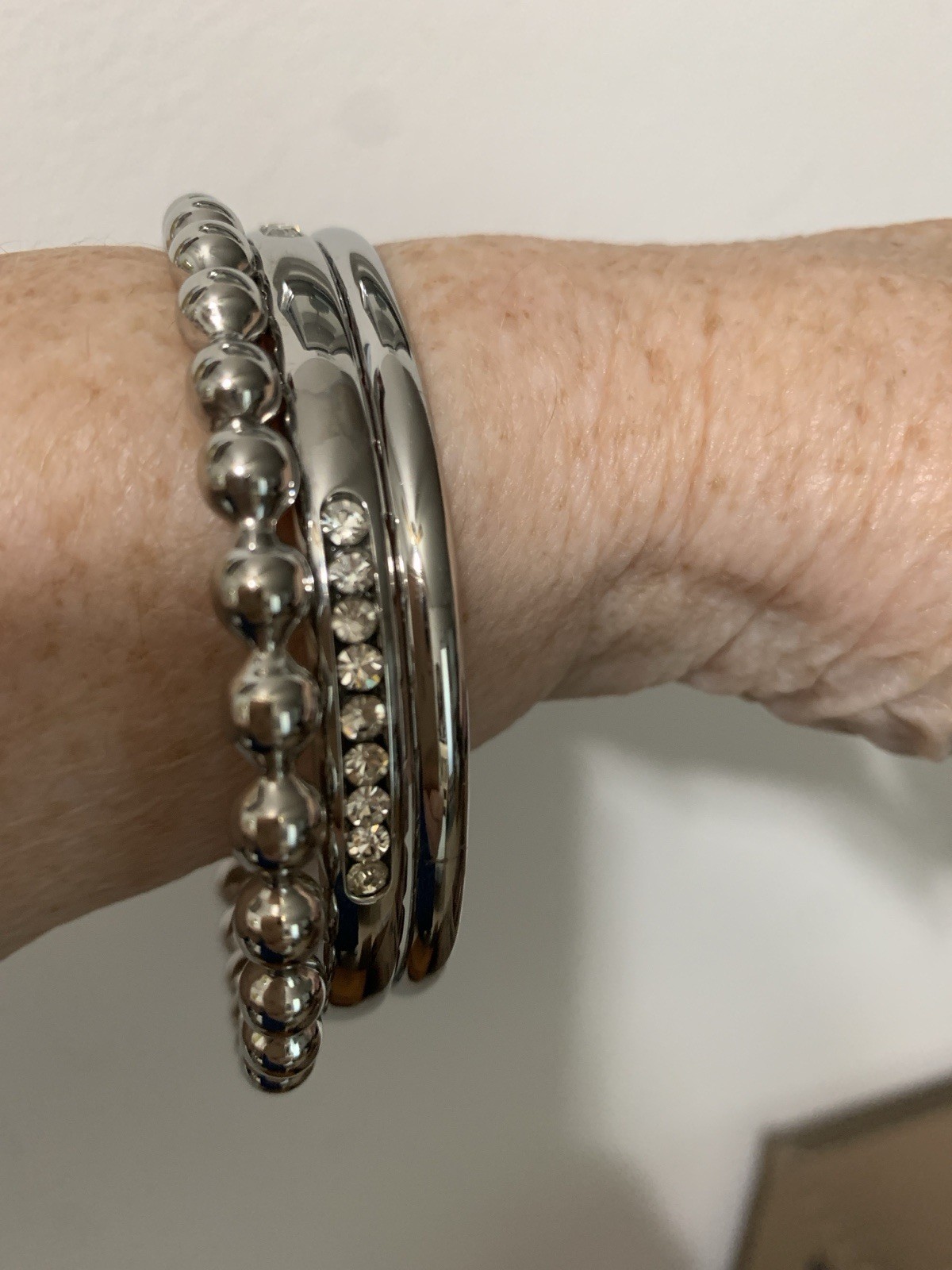 Three Stainless Steele Bangle Bracelets 8” Each, plain, ball &channel designed