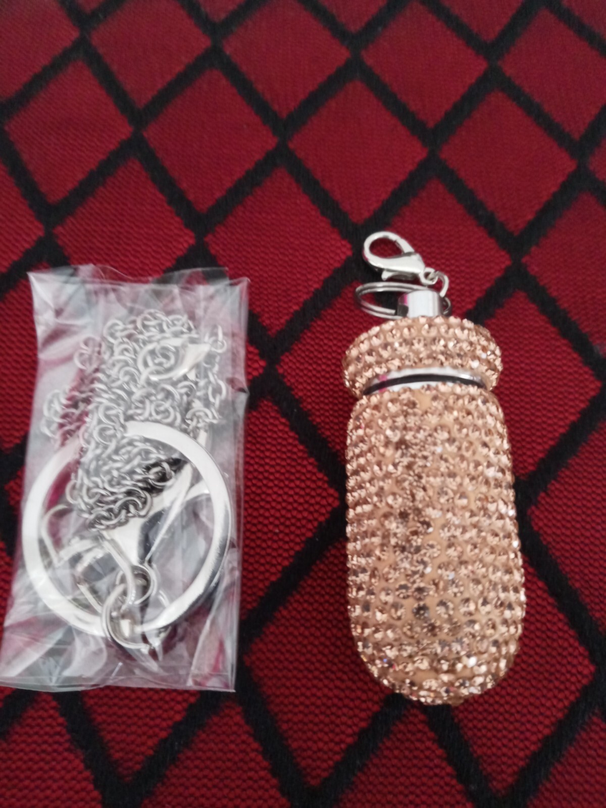 Champagne Austrian Crystal Pill Case Pendant and Keychain in Stainless 23.5″