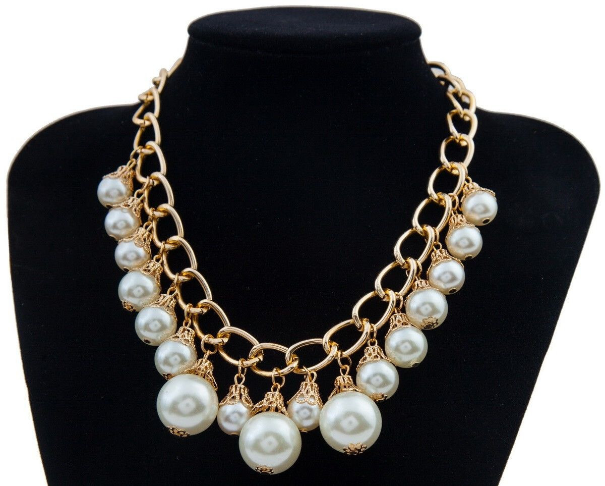 Gold Link Chain White Faux Pearls Filigree Bead Caps Short Collar Necklace
