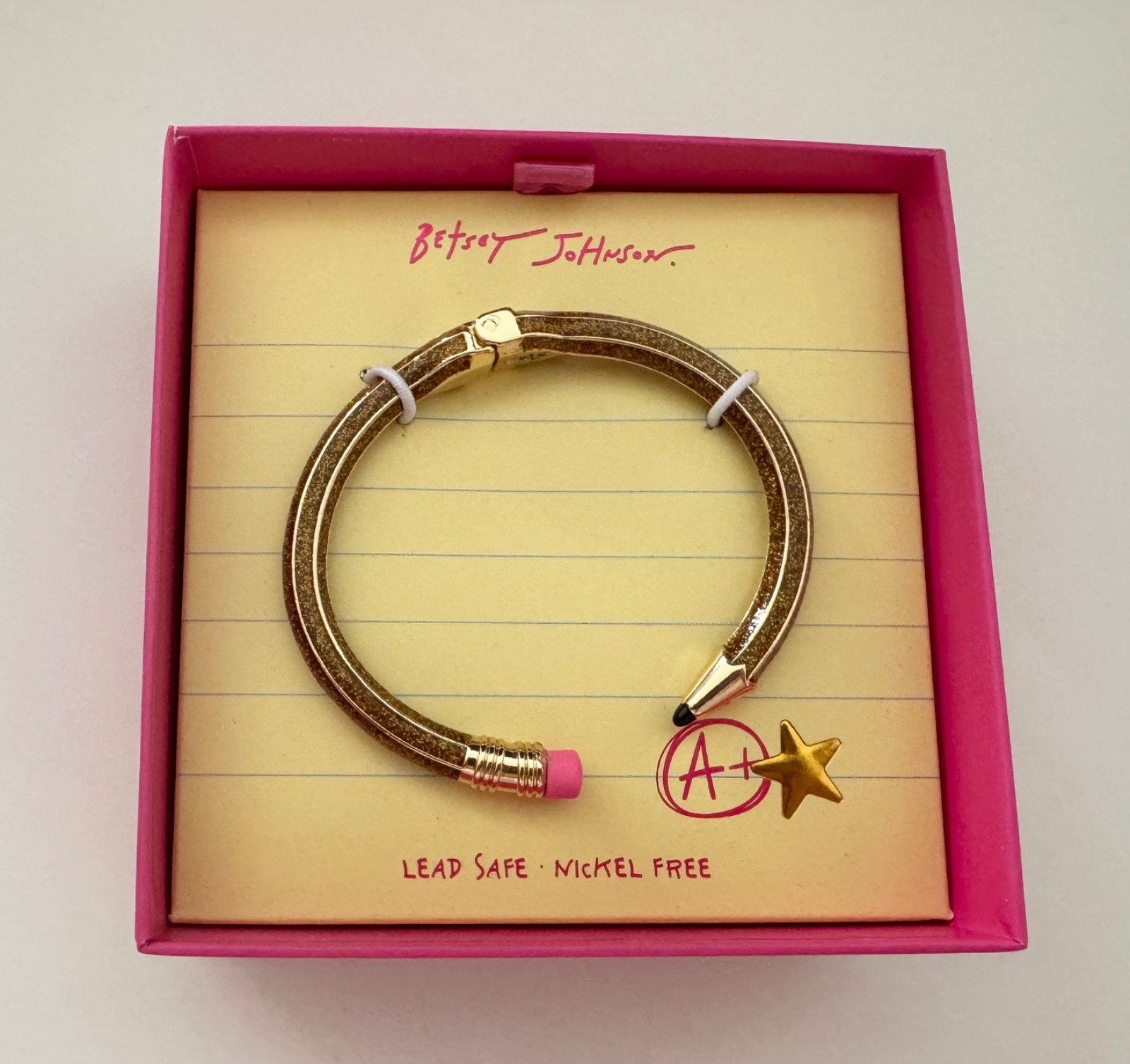 NIB Betsy Johnson Open Cuff Hinge Bracelet Sparkling Glitter Pencil School