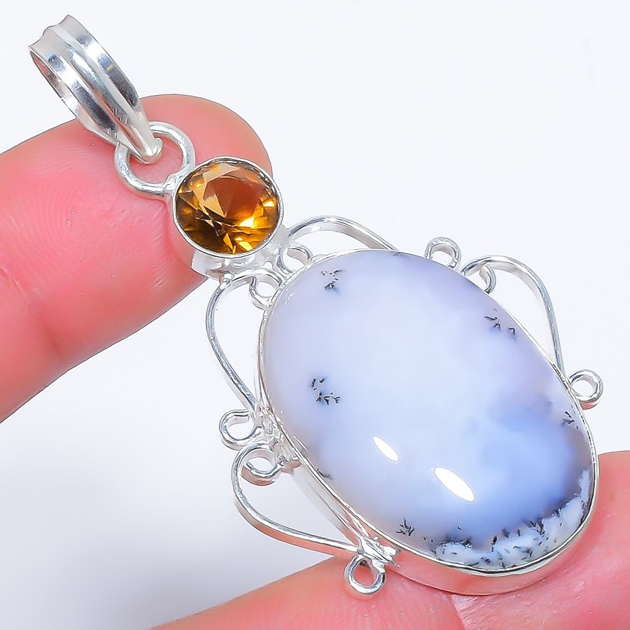 Natural Dendritic Opal & Smokey Quartz 925 Silver Plated Pendant 2.3″ T2969