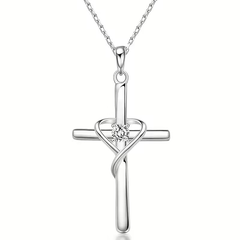 Silver Faith Cross Heart Necklace Crystal Pendant Christian Jewelry Gift for Her