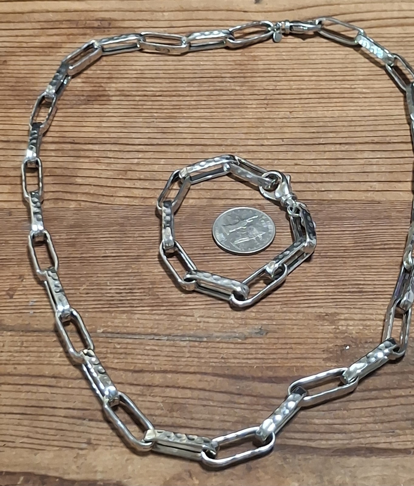 Italian Hammered Paperclip Link Necklace Bracelet Set Silver Tone 24” 8.25”