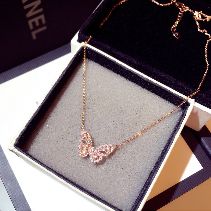 Rose gold Plated Sterling Silver Butterfly pendant chain necklace Gift Box PE50