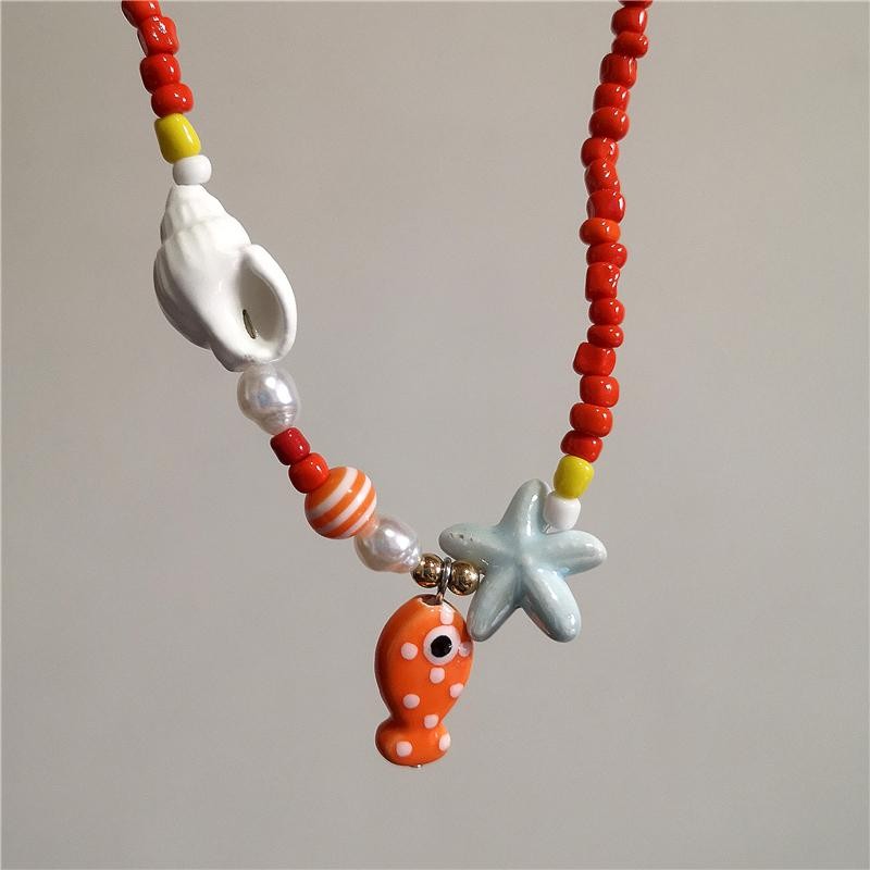 Orange Ceramic Fish Starfish Pendant Beaded Choker Necklace Boho Vacation