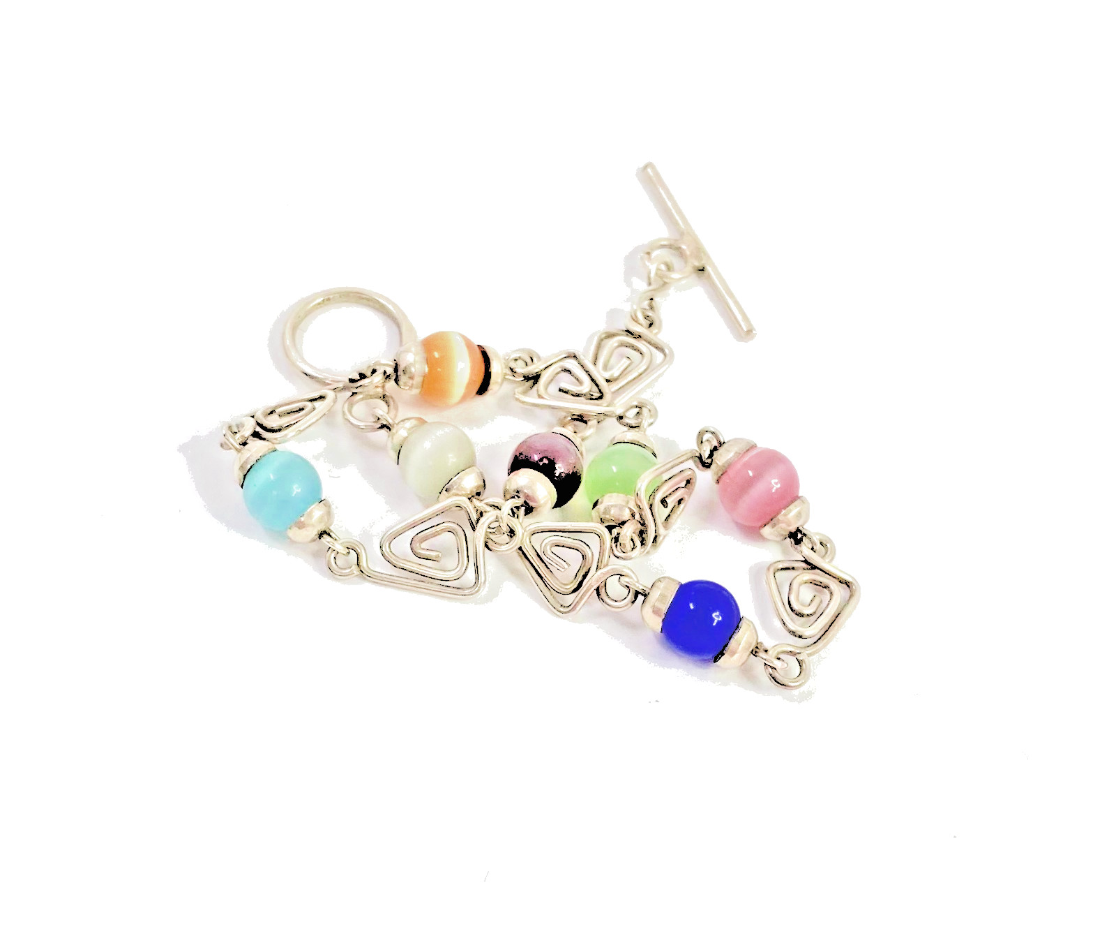 925 Silver & Multicolored Cat’s Eye Glass Triangle Link Chain Bracelet 8 in long
