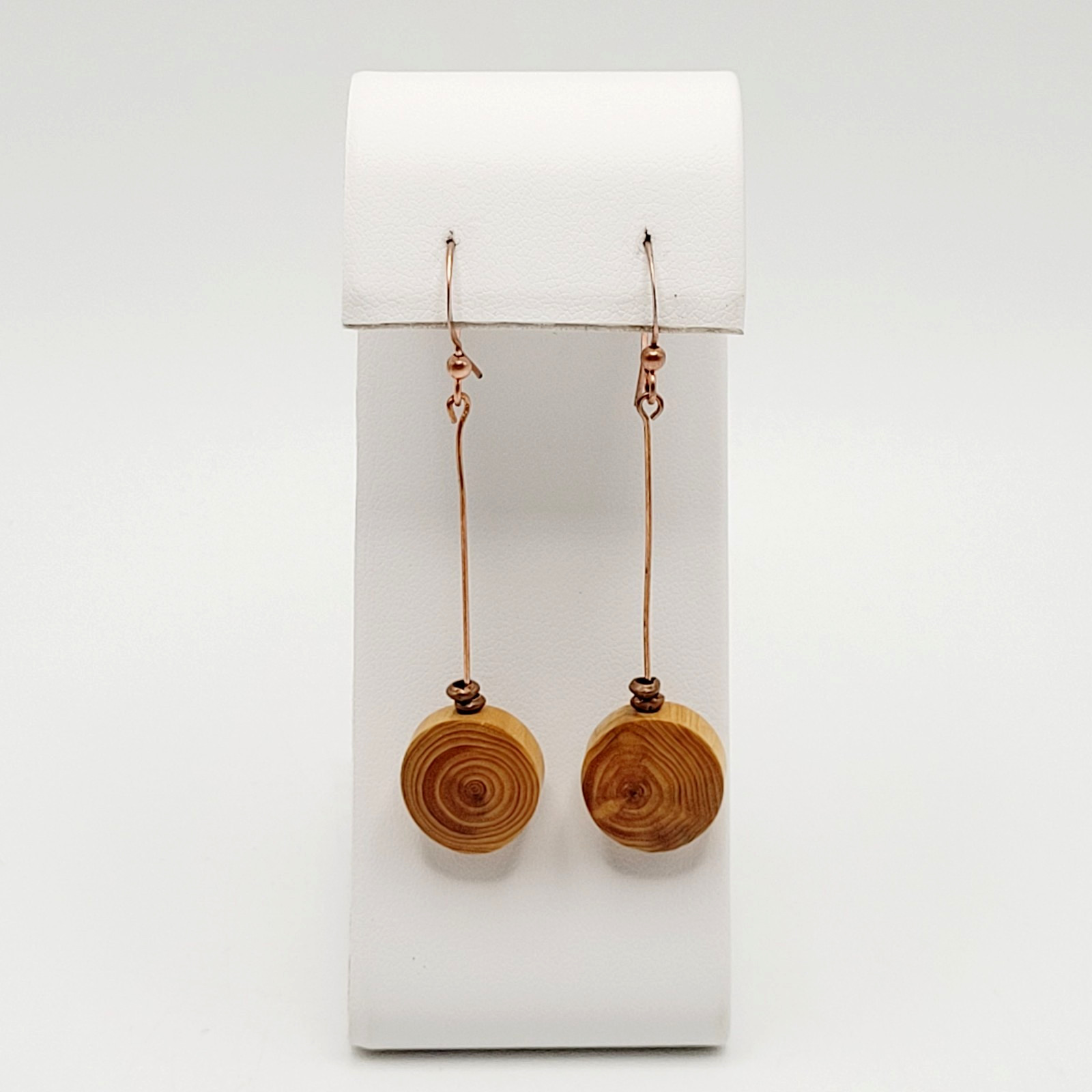 Artisan Handcrafted Round Wood Slice Drop Earrings Long Copper Wire Tree Ring