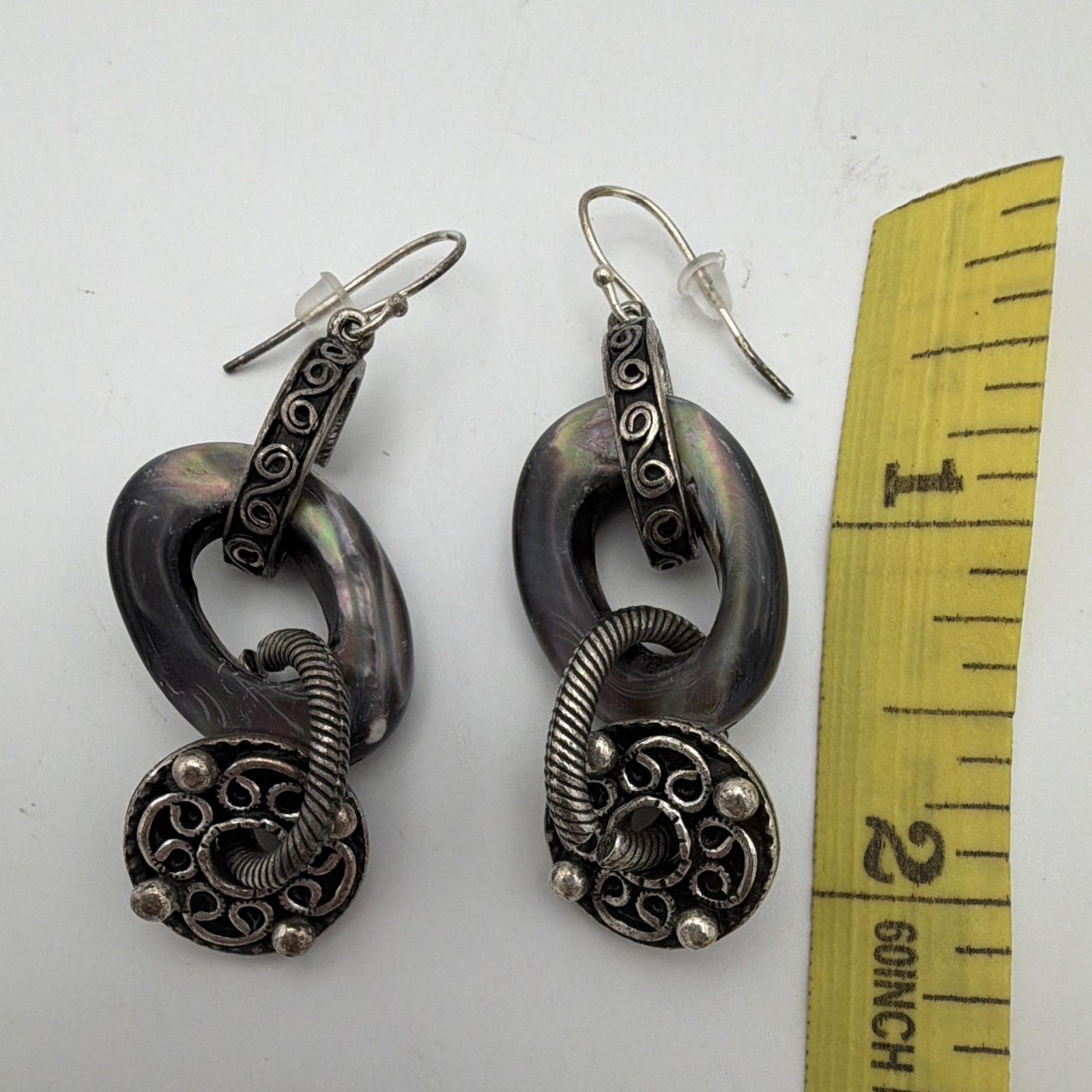 Chico’s Silver Tone Black Oval Dangle Drop Earrings Hook Closure Metal