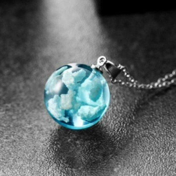 White Clouds Blue Sky Resin Glass Marble Ball Pendant Necklace Terrarium