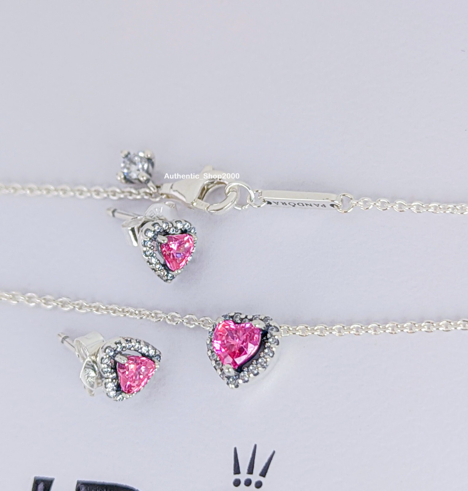 New 100% PANDORA 925 Pink Pave Heart Necklace Earrings Jewlery Gift Set B802601