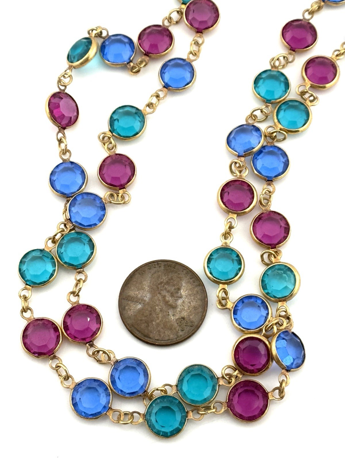 Swarovski Crystal Station Necklace Blue Pink Green Gold Tone 36″ Signed