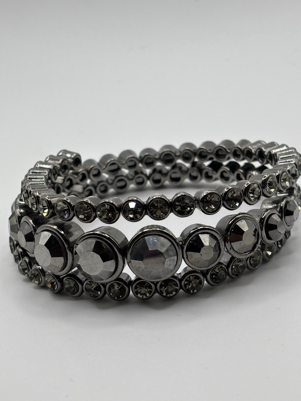 Silver Tone Wrap Coil Bangle Bracelet Gray Round Crystal Bezel Set 7.5in