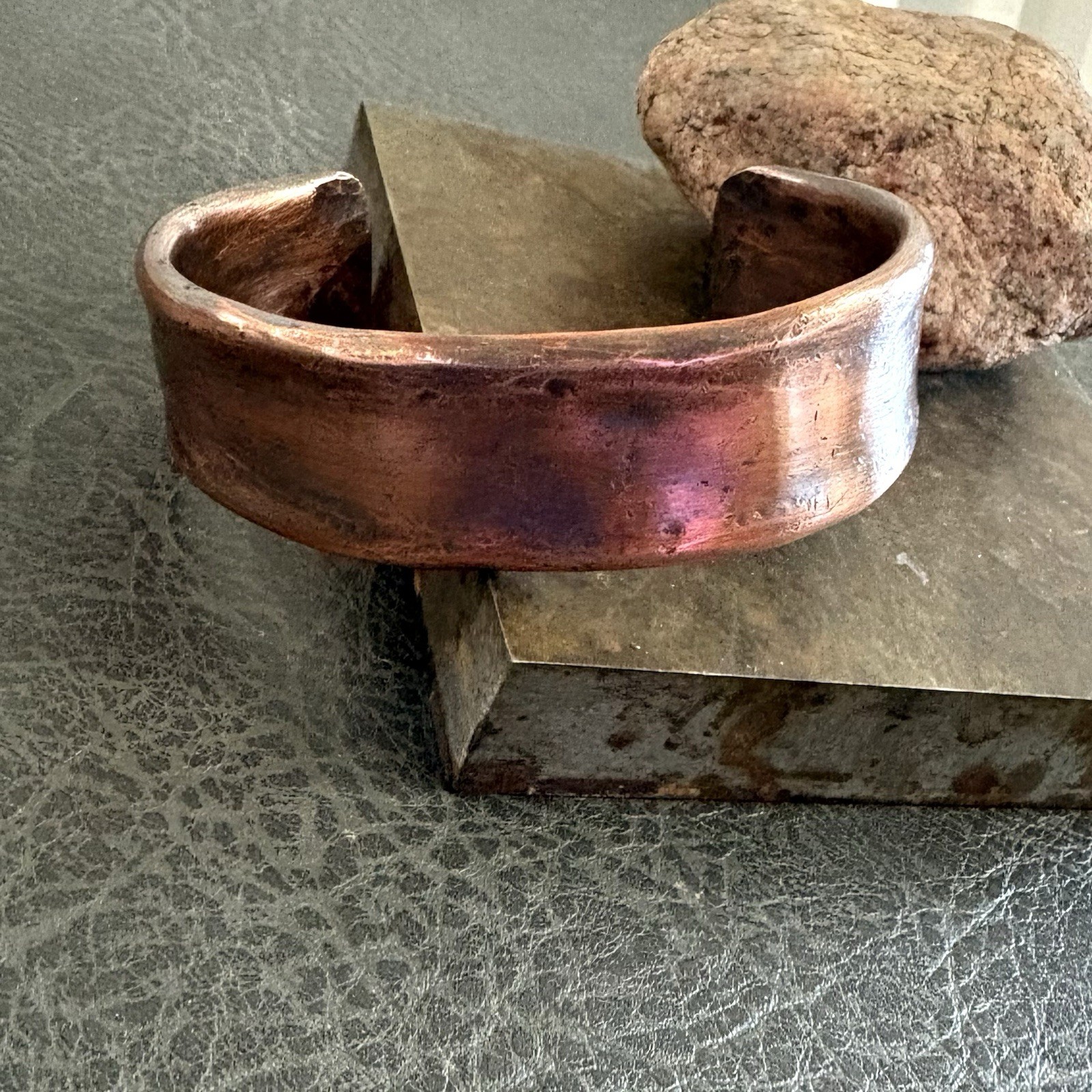 Pure Copper Men’s Handmade Wide Thick Cuff, Hammered Concrete Finish Bracelet