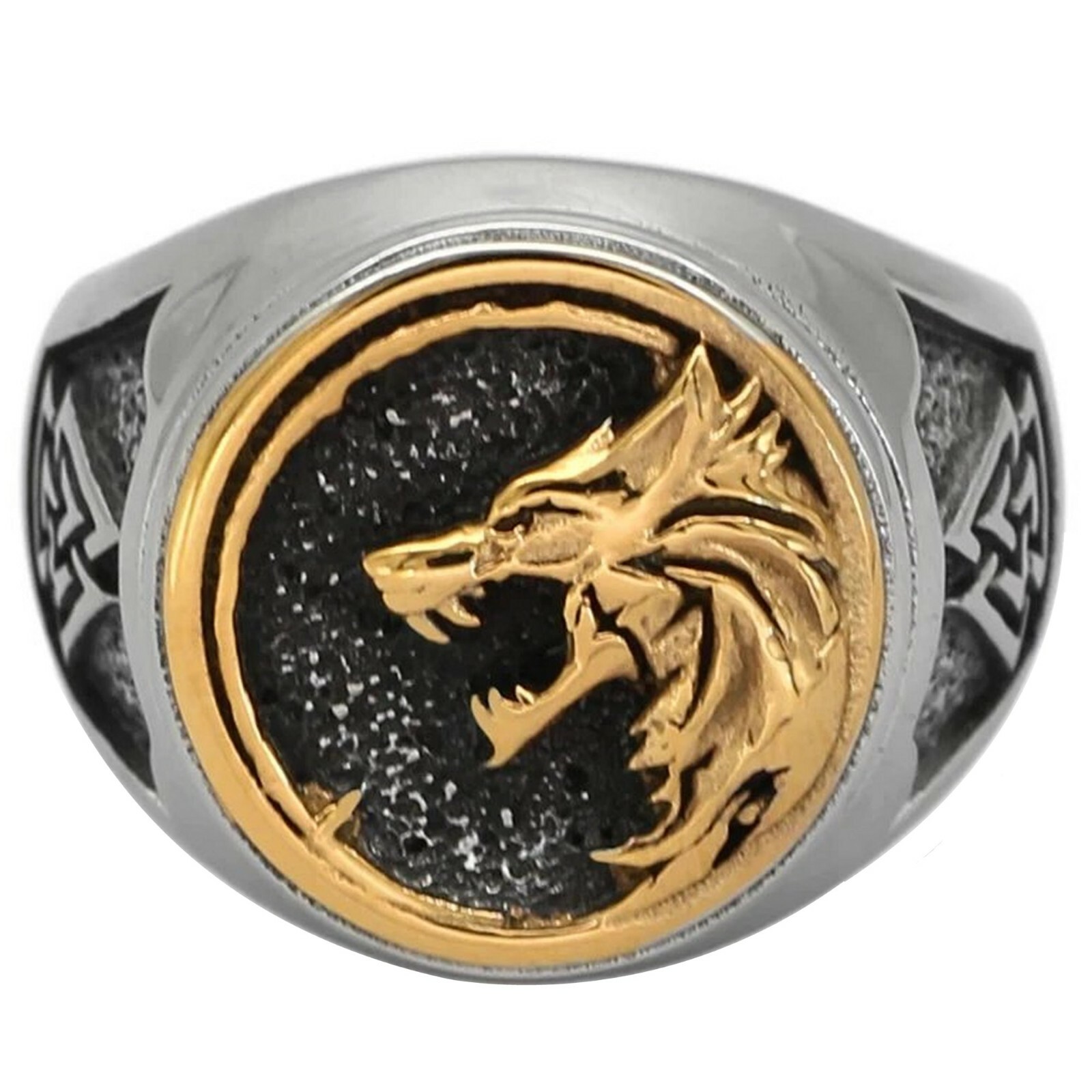 Norse Fenrir Signet Ring Mens Gold PVD Stainless Steel Viking Valknut Wolf Band