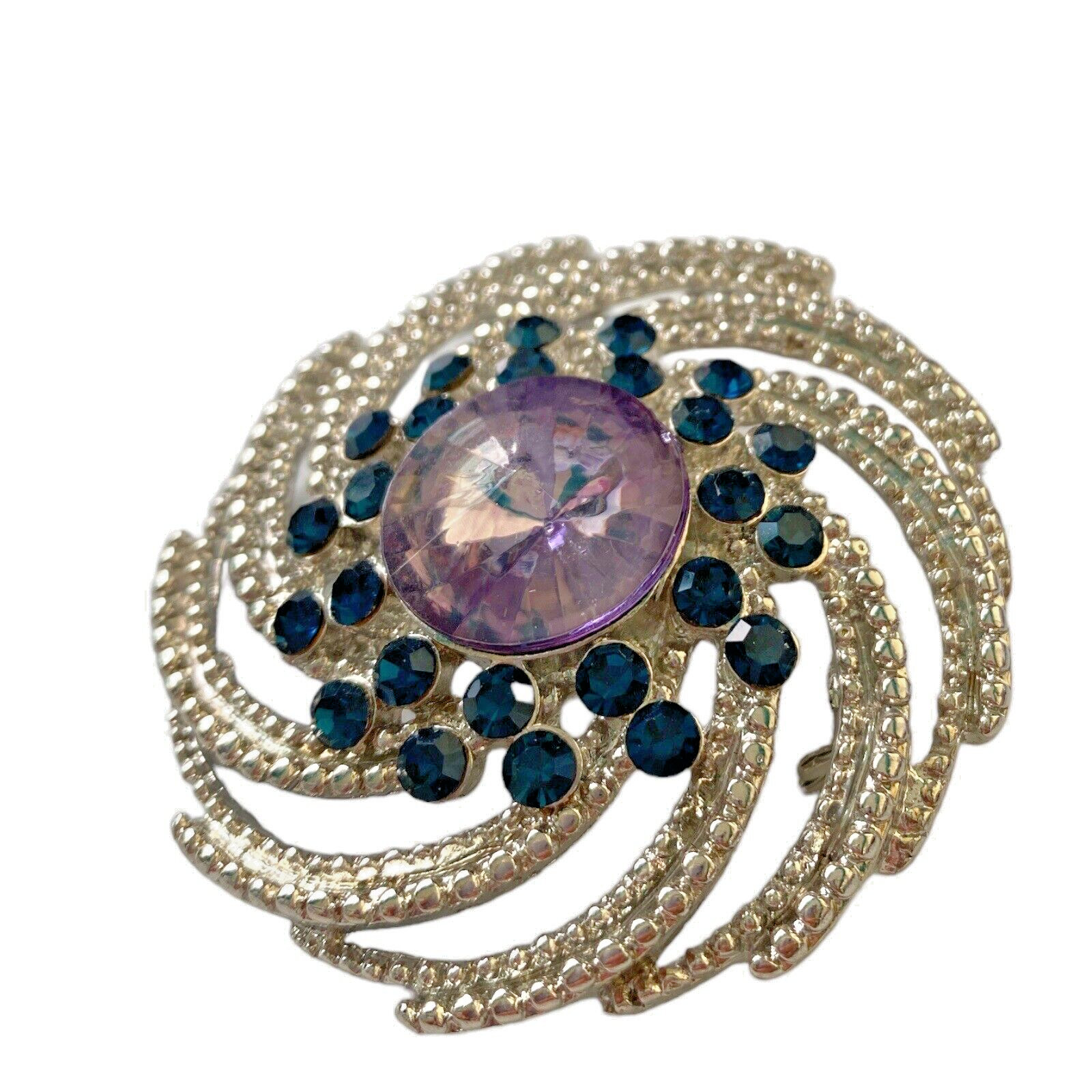 Vintage Faux Amethyst Purple Rhinestones Silver-Tone Large Brooch 2 1/8 in Round