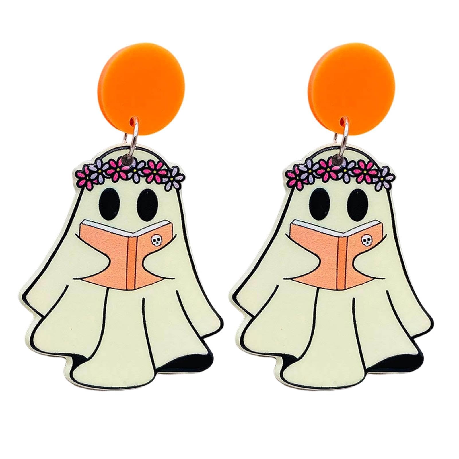 Colorful Halloween Resin Acrylic Dangle Earrings Cute Pumpkin Ghost Cat Bat E…