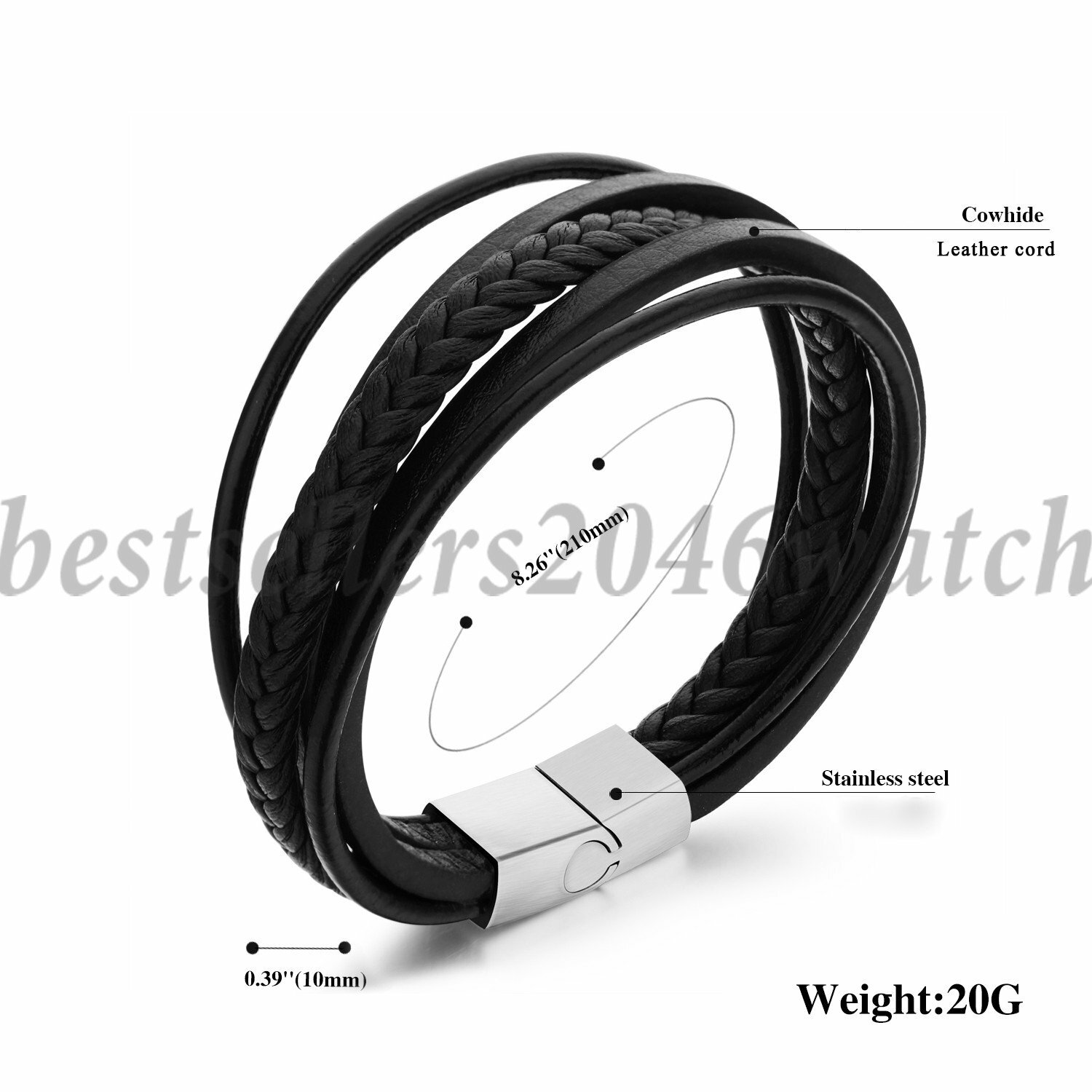 Men’s Braided Leather Bangle Bracelet Stainless Steel Clasp Handmade Wristband