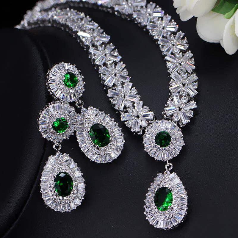 18k Gold CZ Snowflake Earrings Necklace for Brides Wedding Costume Jewelry Set