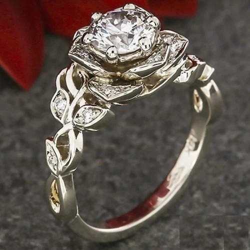 1.5ct Round Cut Simulated Diamond Flower Solitaire Ring 14k White Gold Plated