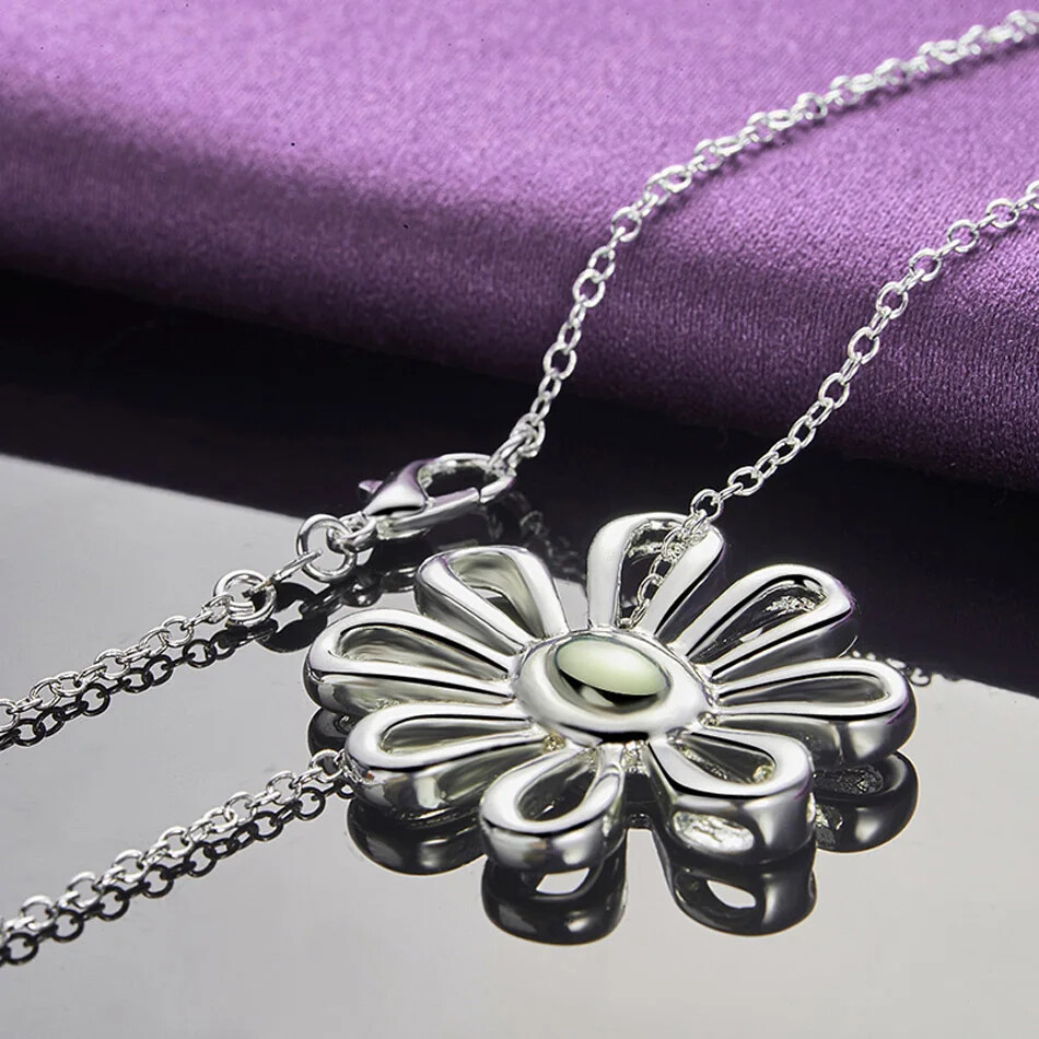 CHSHINE 925 Sterling Silver Flower Pendant Necklace Bracelet Bangle Jewelry Set