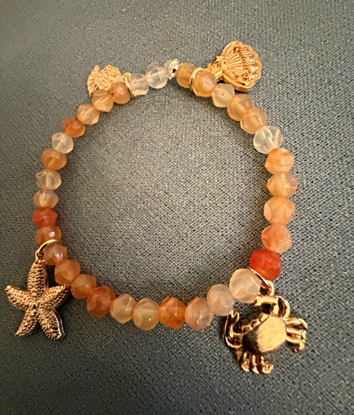 Multicolor Round Stone & Metal Beaded Charm Bracelet w/ Starfish Crab Shell
