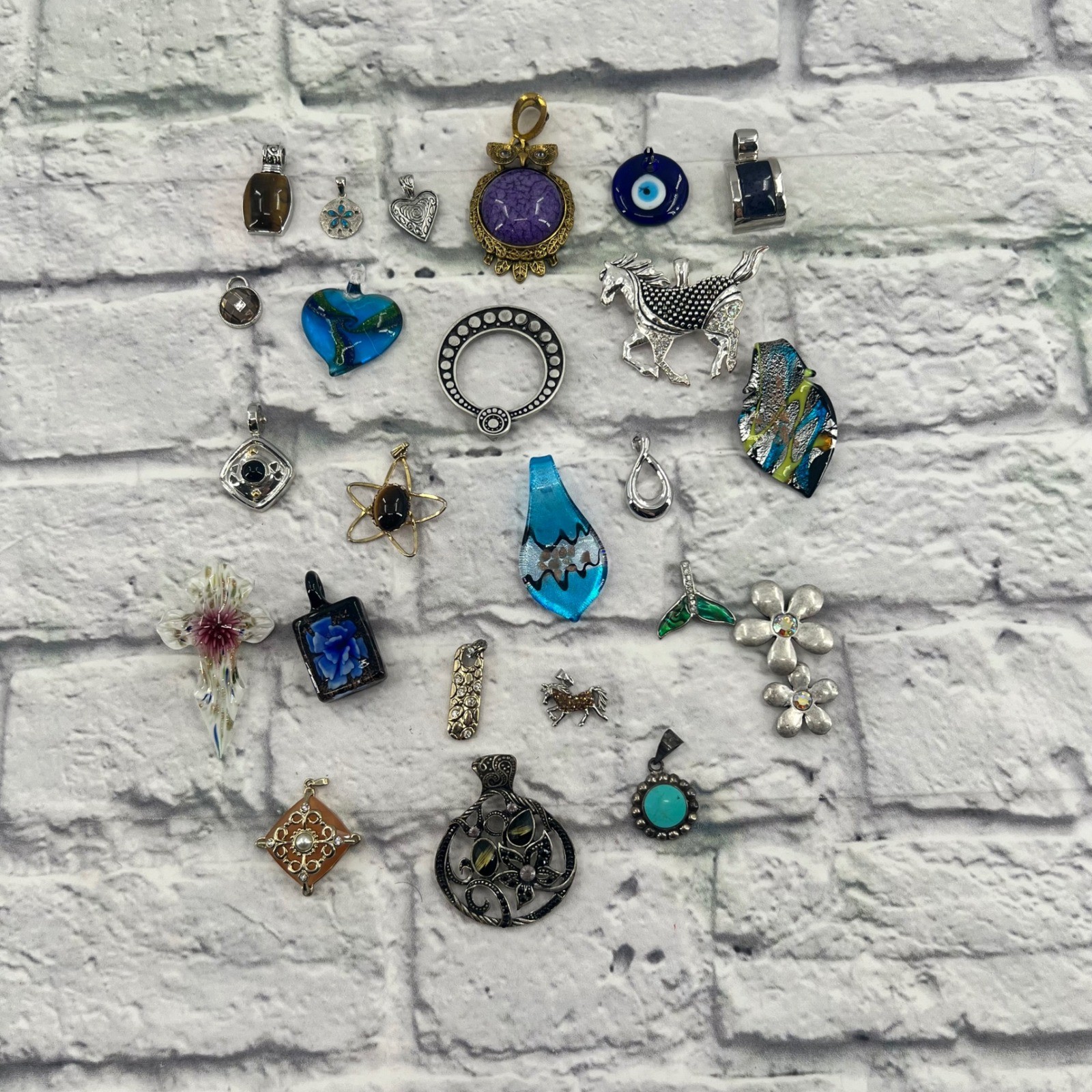 Assorted 24pc Necklace Pendant Lot Glass Crystal Turquoise Owl Evil Eye Horse