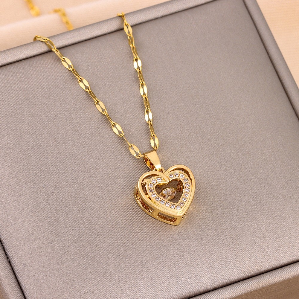 Double Layer Heart Necklace Rhinestone Titanium Steel Women Gift