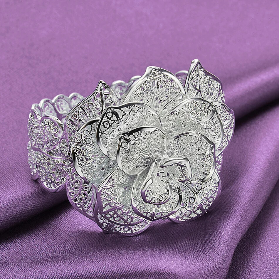 CHSHINE 925 Sterling Silver Big Flower Bangle Bracelet Ring Charm Jewelry Set