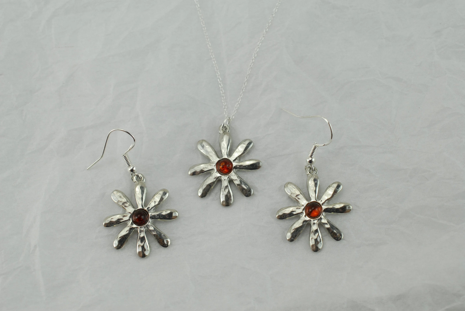 10th Anniversary Pure Tin Pendant Amber Flower Necklace and Earrings Set for