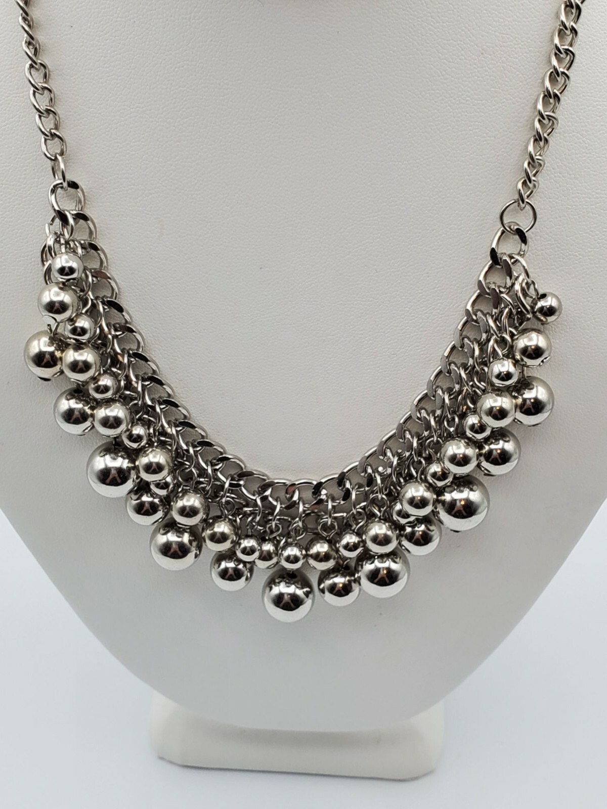 Silver tone dangle drop beaded chain bib necklace