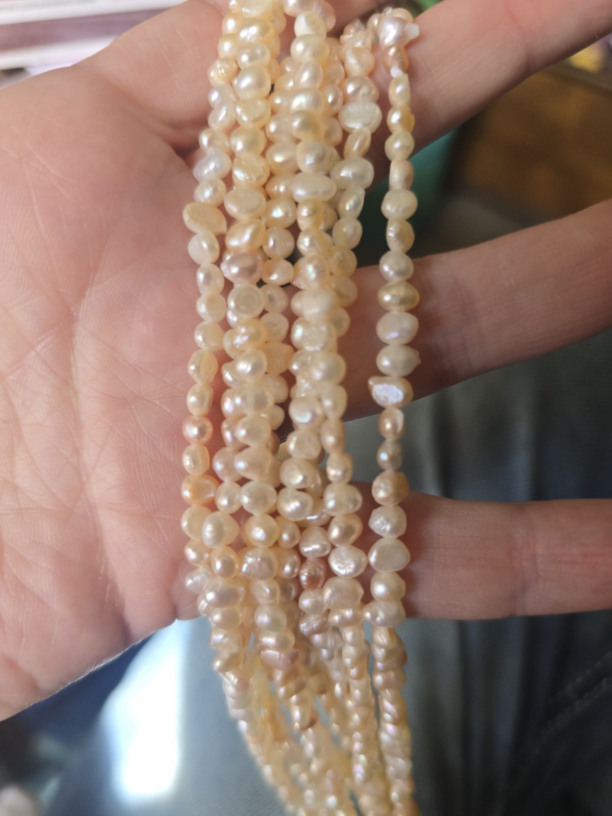 Cream Round Pearl Multi-Strand Beaded Necklace, Ball/Bead Chain, 50 in