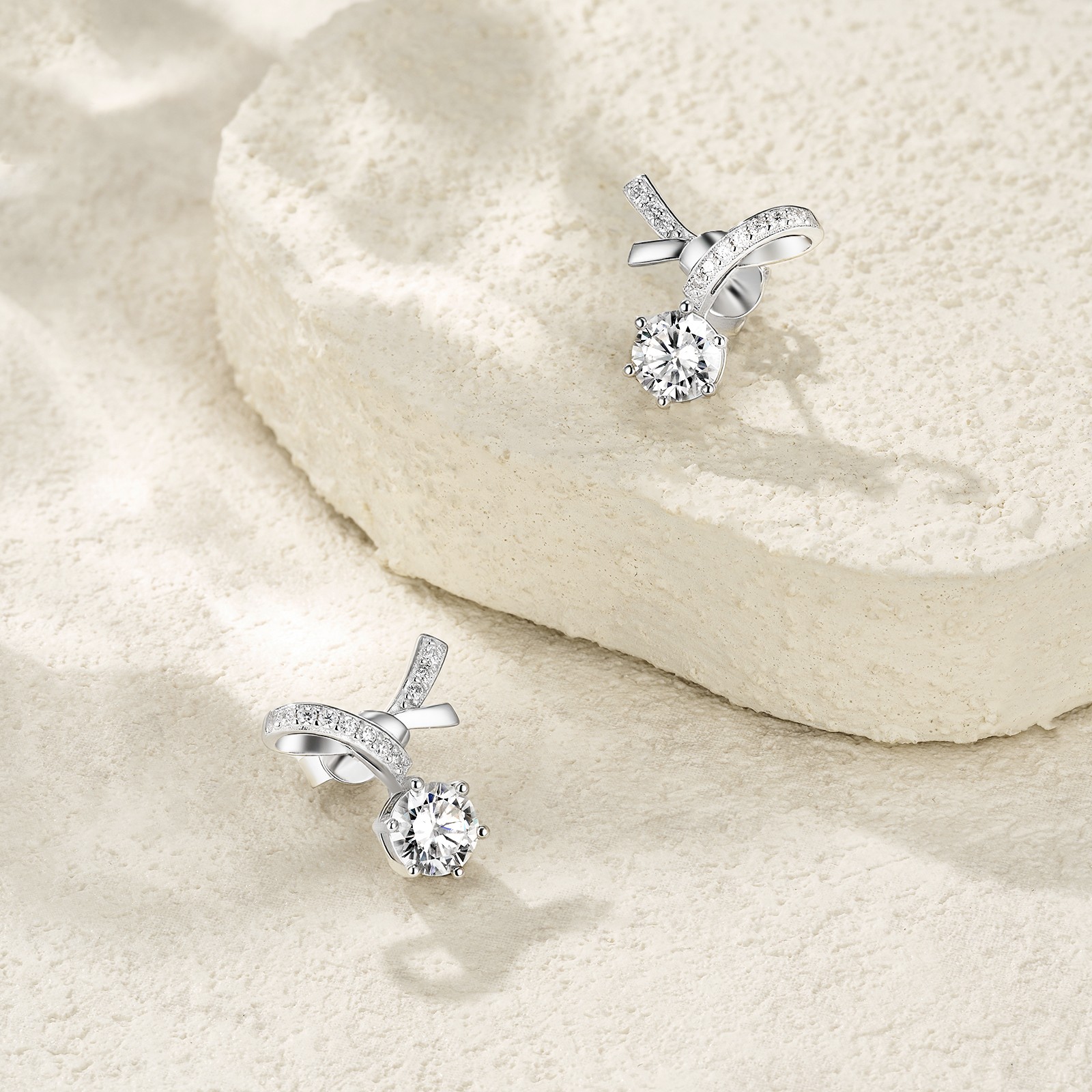 S925 Sterling Silver Bowknot Stud Earrings, 1ct D-VVS1 Moissanite, Pave Ribbon D
