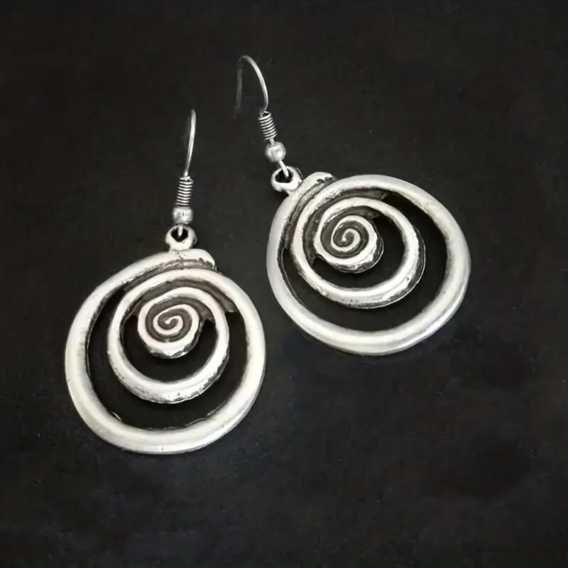 VINTAGE RETRO STYLE BOHO LARGE SPIRAL STERLING PLATED DANGLE EARRINGS