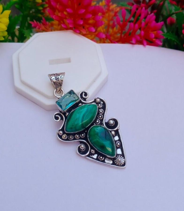 Natural Malachite sterling silver plated pendant | Blue Topaz boho pendant