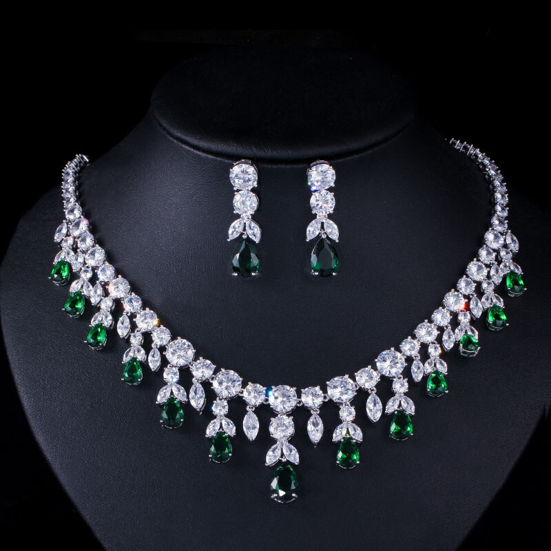 CWWZircons CZ Big Dangle Drop Bridal Wedding White Necklace Earrings Jewelry Set