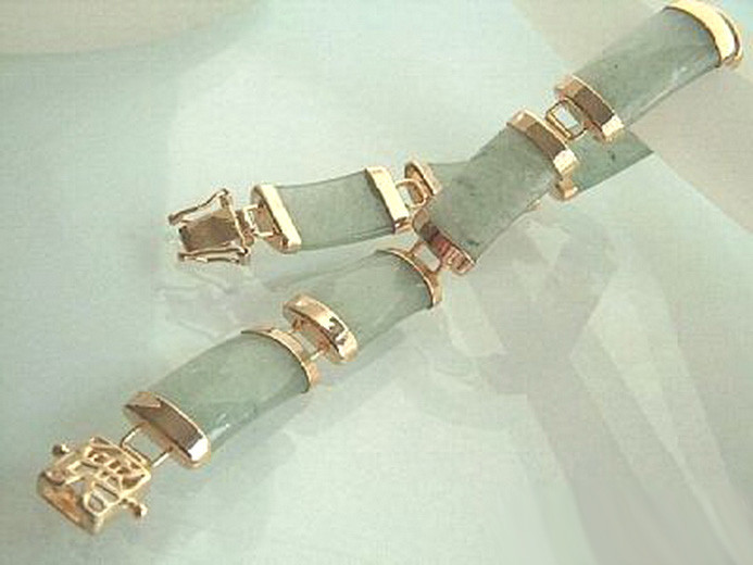 Natural Light Green Jade 18KGP Fortune Link Clasp Women Girl Bangle Bracelet
