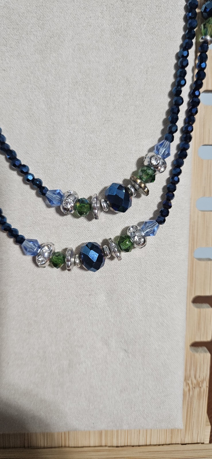 Blue Green Glass & Crystal Beaded Necklace Ball/Bead on 20″ Chain Silver Tone