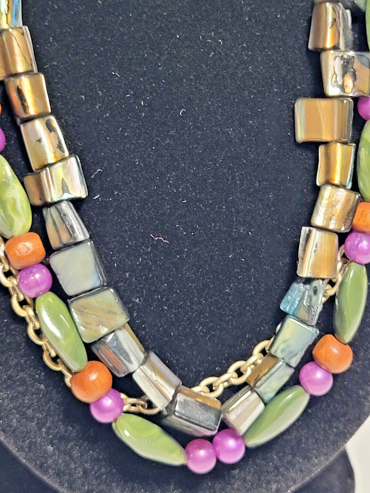 Multi Strand Beaded Boho Necklace Shell Wood Green Purple Iridescent Layered 21″