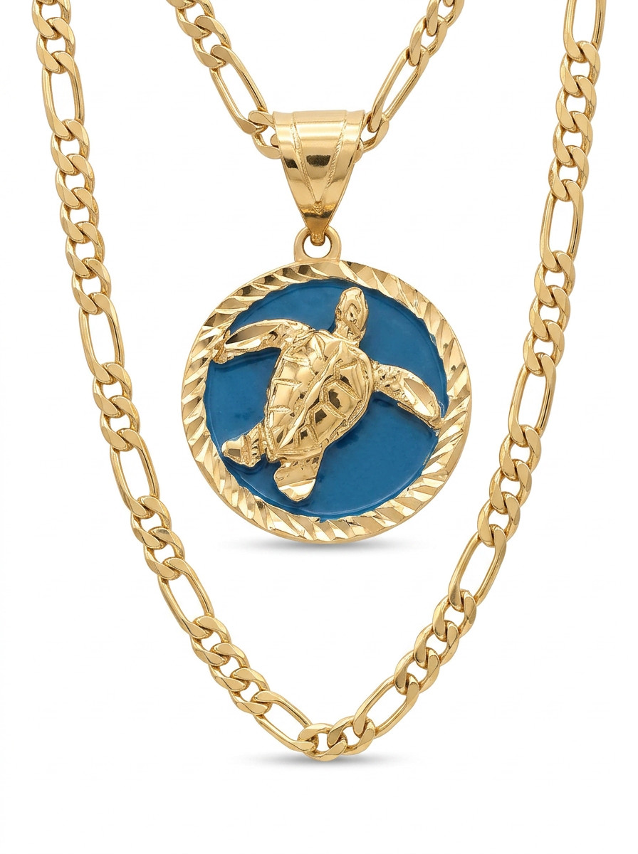 Gold Turtle Necklace: 14k Heavy Plated Figaro Chain, 5mm Figaro Chain
