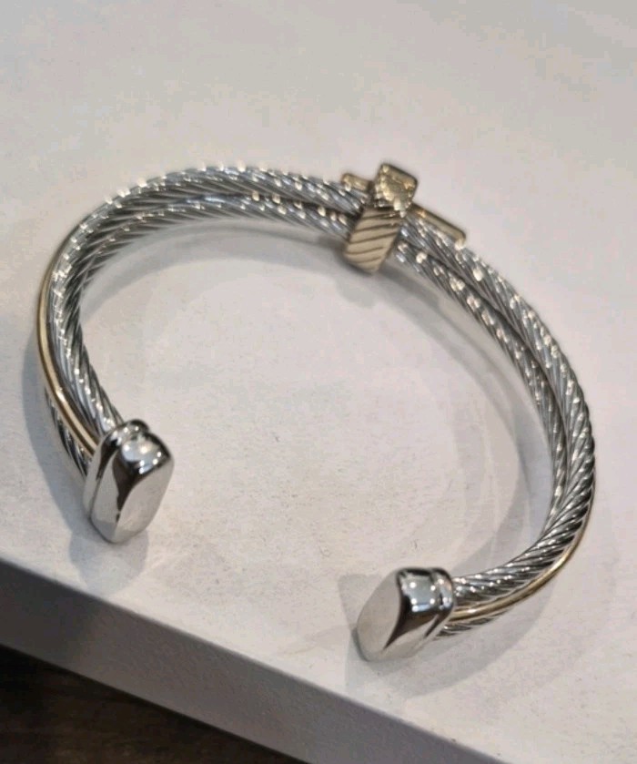 Non-Magnetic Silver & Gold Tone Twisted Metal Cross Detail Cuff Bracelet