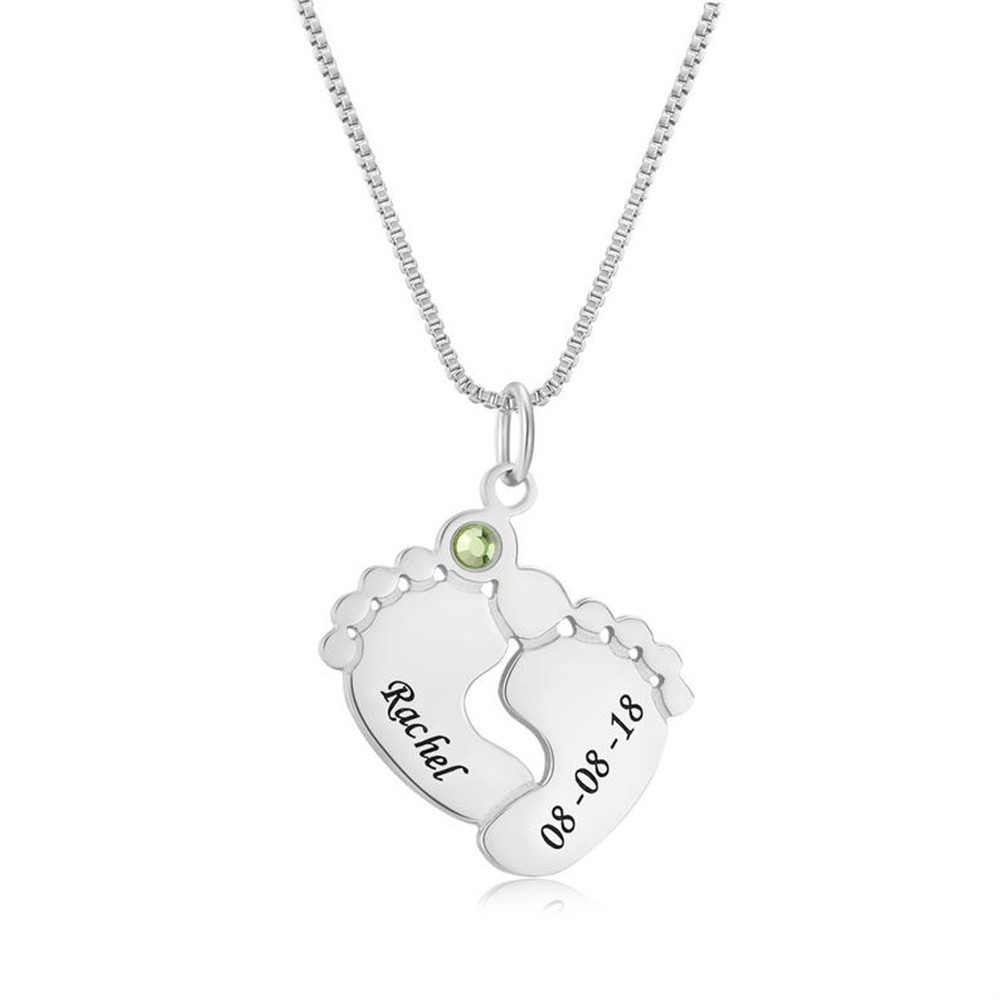 Personalized Baby Feet Necklace with Birthstone Engraved Charms Mother Gift