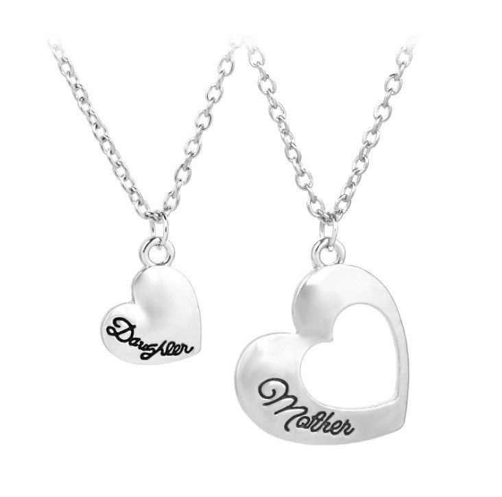 2Pcs Matching Necklace Set Mother Daughter Mom Family Hearts Love Silver Tone AE