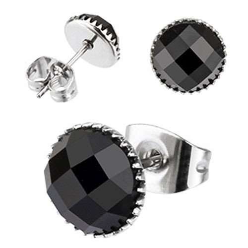 Pair of 316L Surgical Steel Multi Faceted Round Black Onyx Gem Earring H79