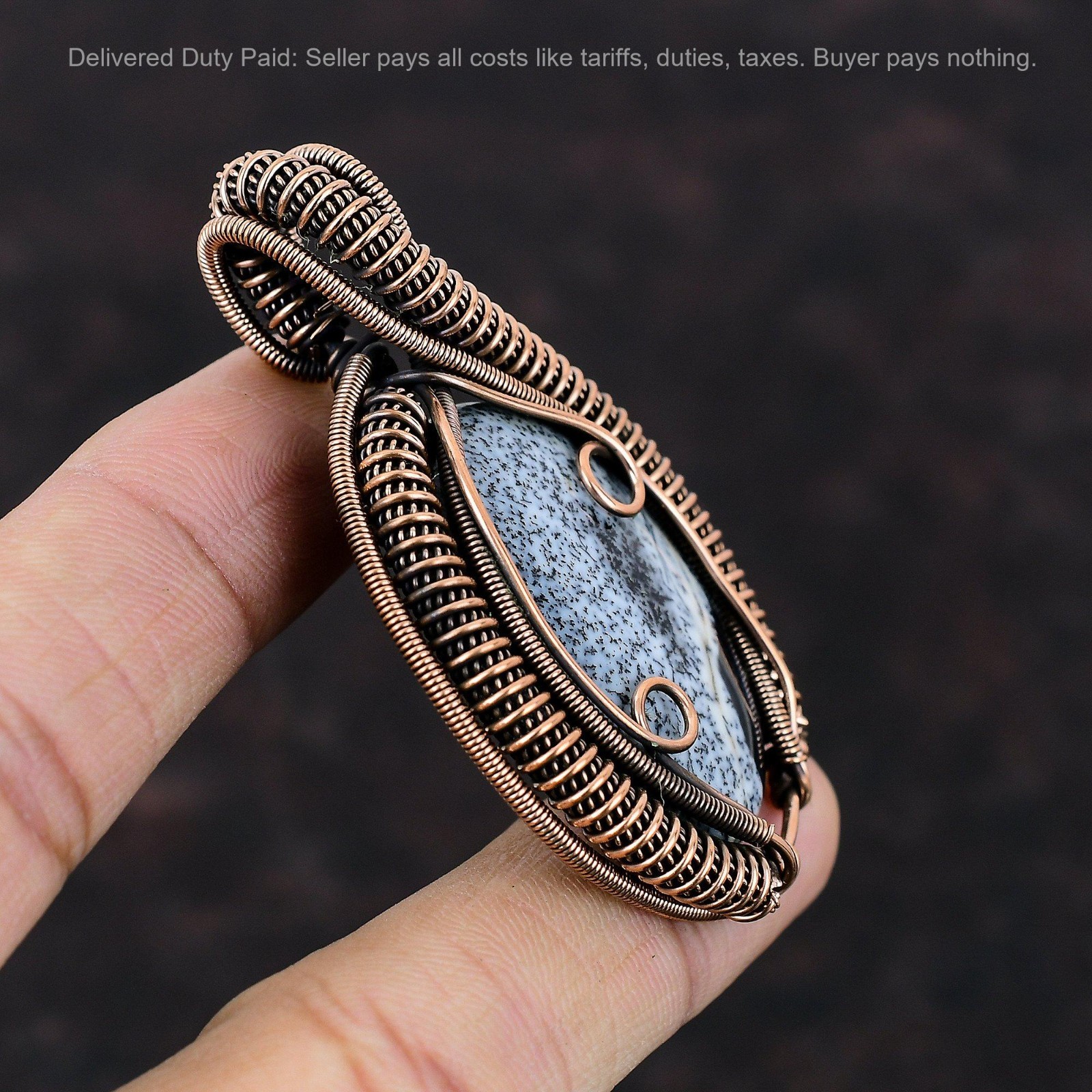 Valentines Deal Oval Dendrite Opal Stone Copper New Wire Wrapped Elegant Pendant