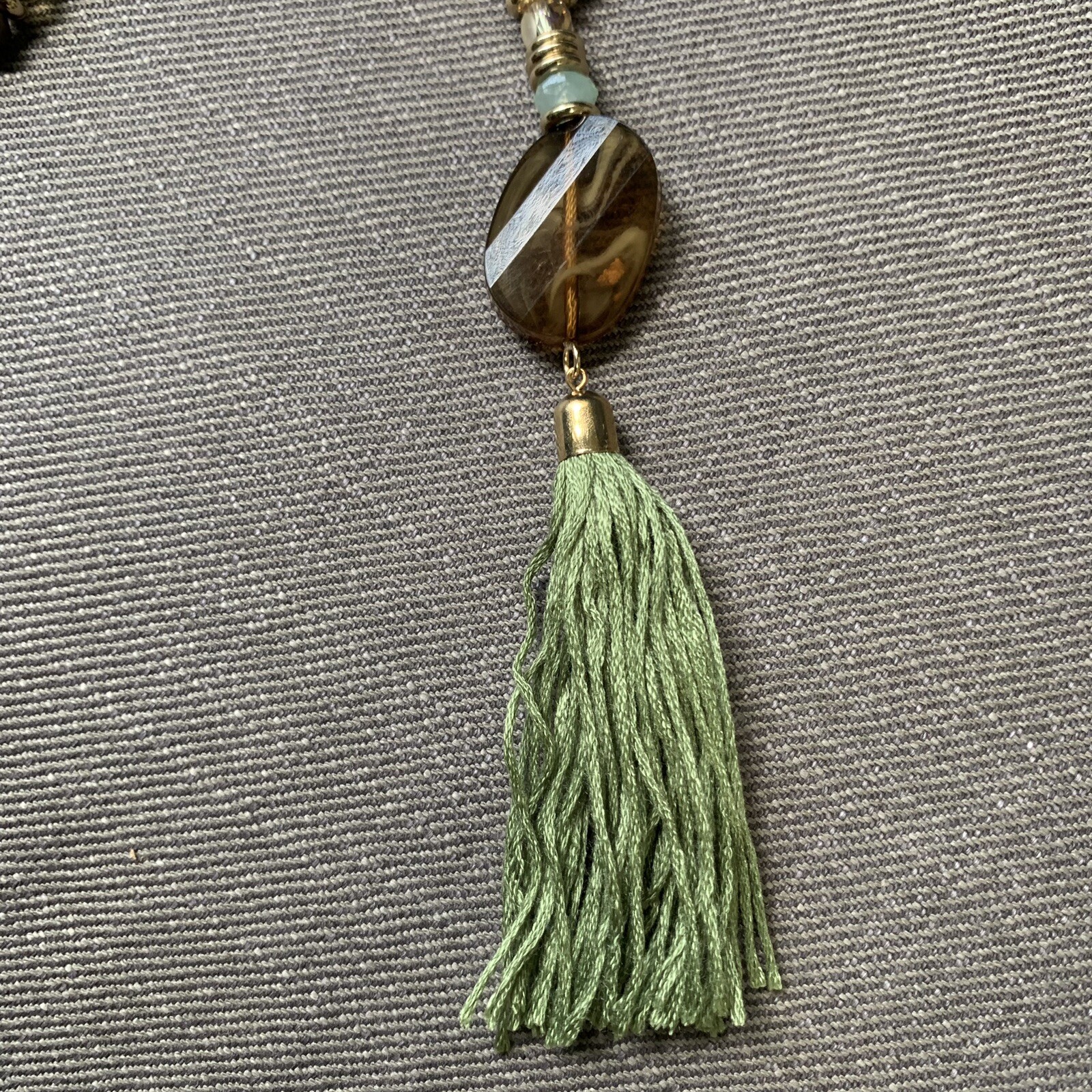 Avenue Long Beaded Necklace and Earrings Set Green/Purple/Gold Tone Tassel 39″