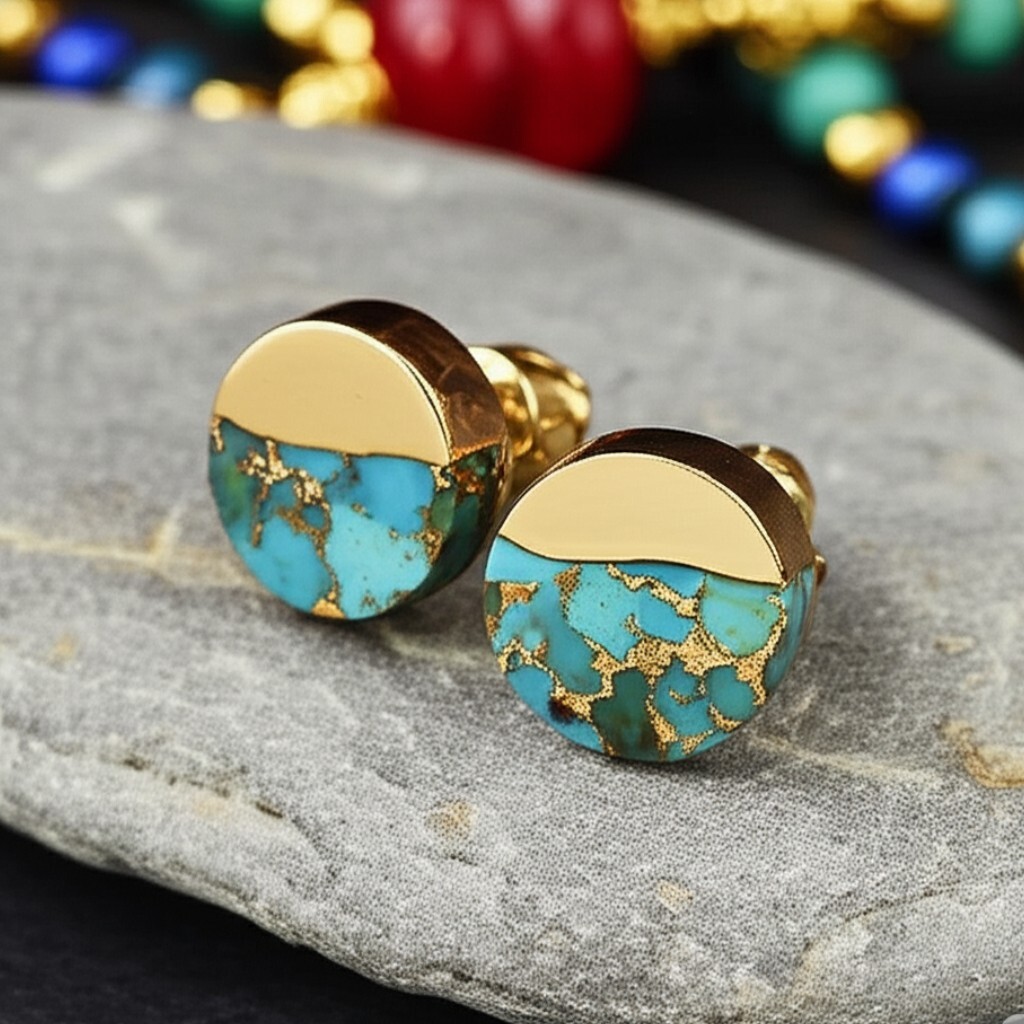 Handmade Natural Turquoise Stud Earrings Blue Gemstone Gold Plated Jewelry Gift