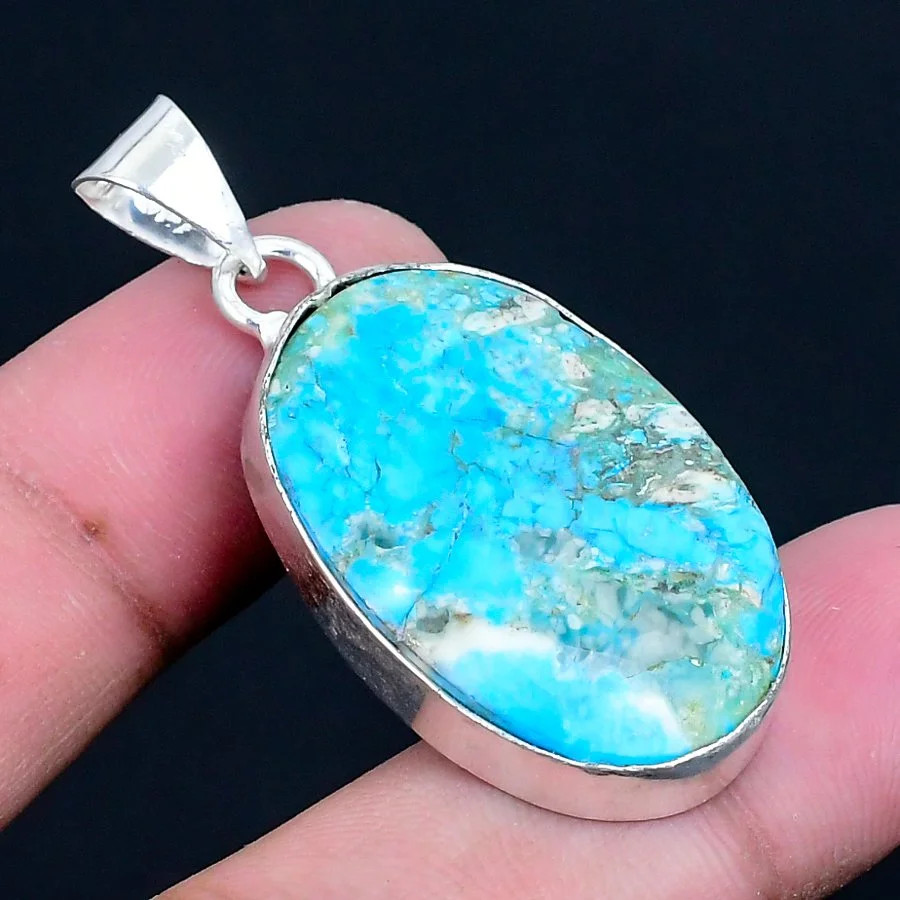 Tibetan Turquoise 925 Silver Plated Handmade Pendant of 1.7″